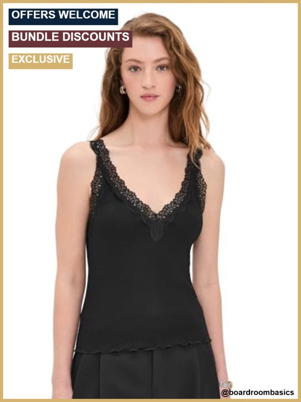 Lace-Trim Ribbed Tank Top V-Neck Lettuce Hem Relaxed Fit